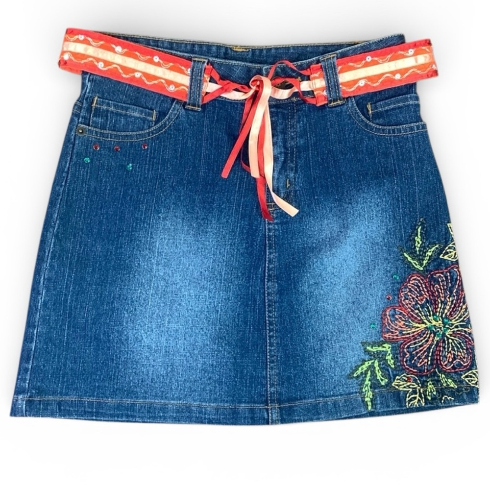 Mary-Kate & Ashley Y2K Denim Skirt Girls 14 Embroidered Boho